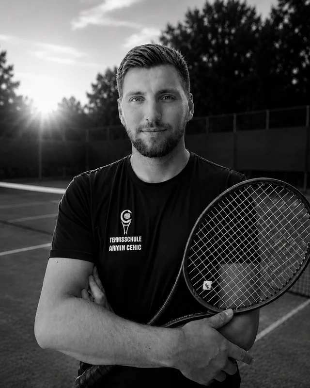 Armin Cehic, B-Trainer, mit Tennisschläger vor dem Platz