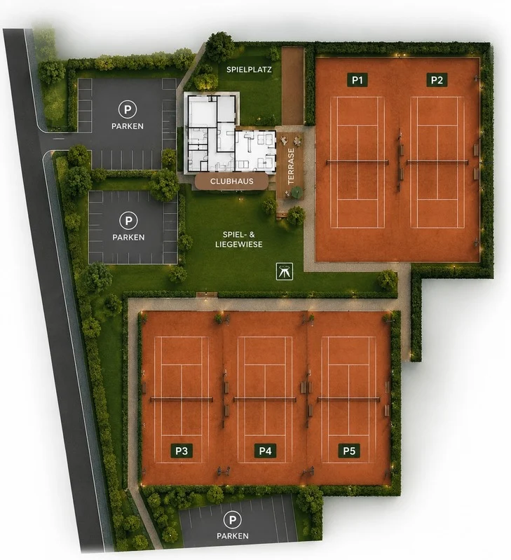 Facility plan showing clay courts P1-P5, clubhouse, parking areas, and grounds layout
